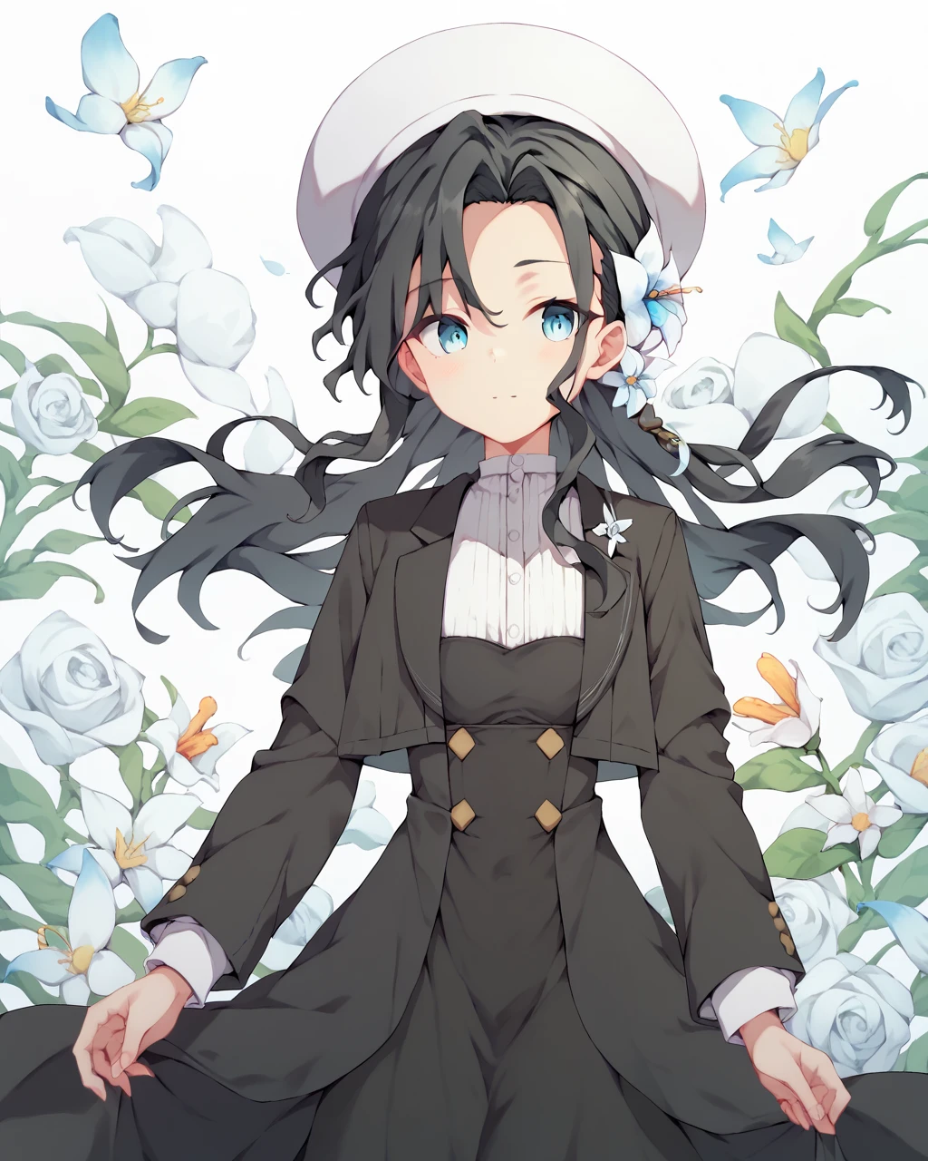 score_9, score_8_up, score_7_up,
<lora:Miroku_Renge_PONY:1>,1girl, solo, black hair, hair ornament, long hair, blue eyes,bangs, hair flower, black dress, white headwear, flower,long sleeves,hat,white shirt, black jacket, open clothes,