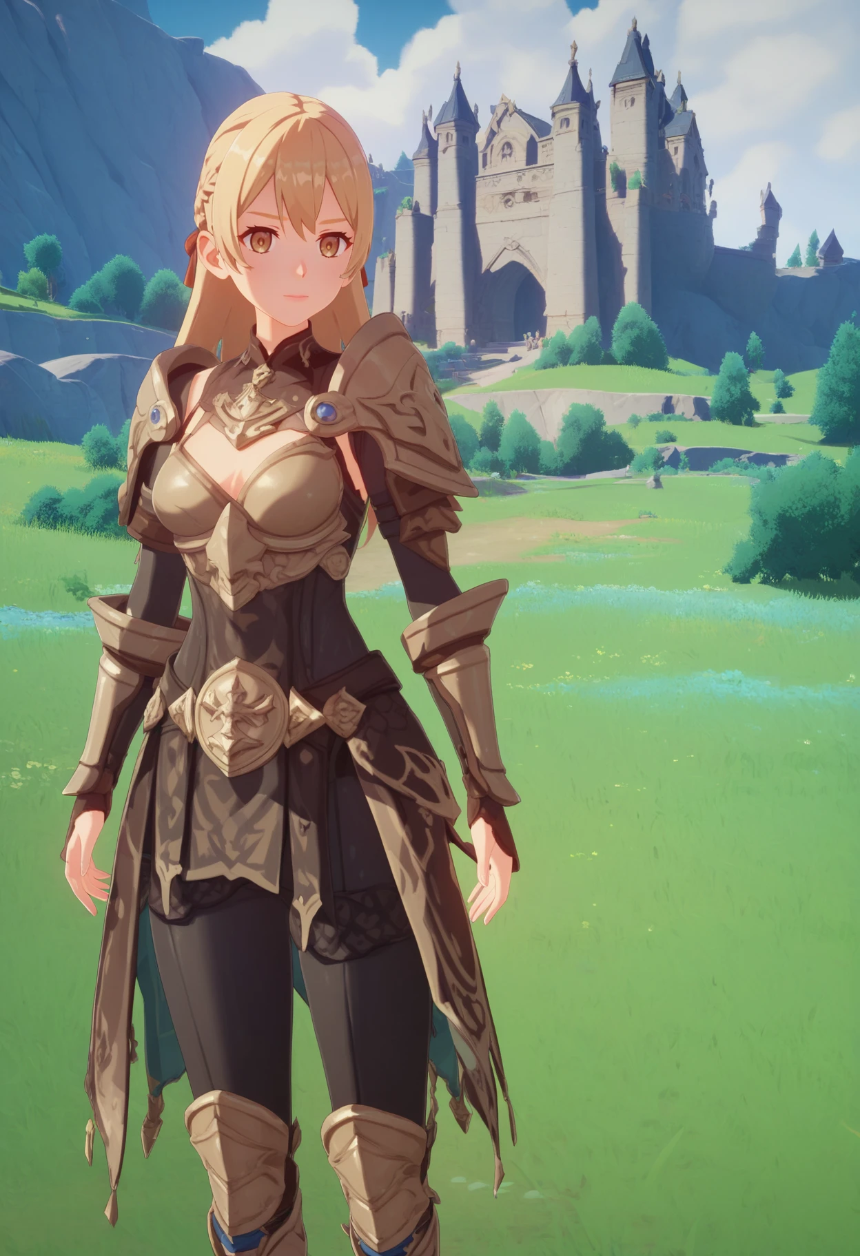 young adventurer woman wearing armor standing in grass field, castle in background <lora:GenshinLycoXL:1> BREAK score_9, score_8_up, score_8, score_7_up, score_6_up