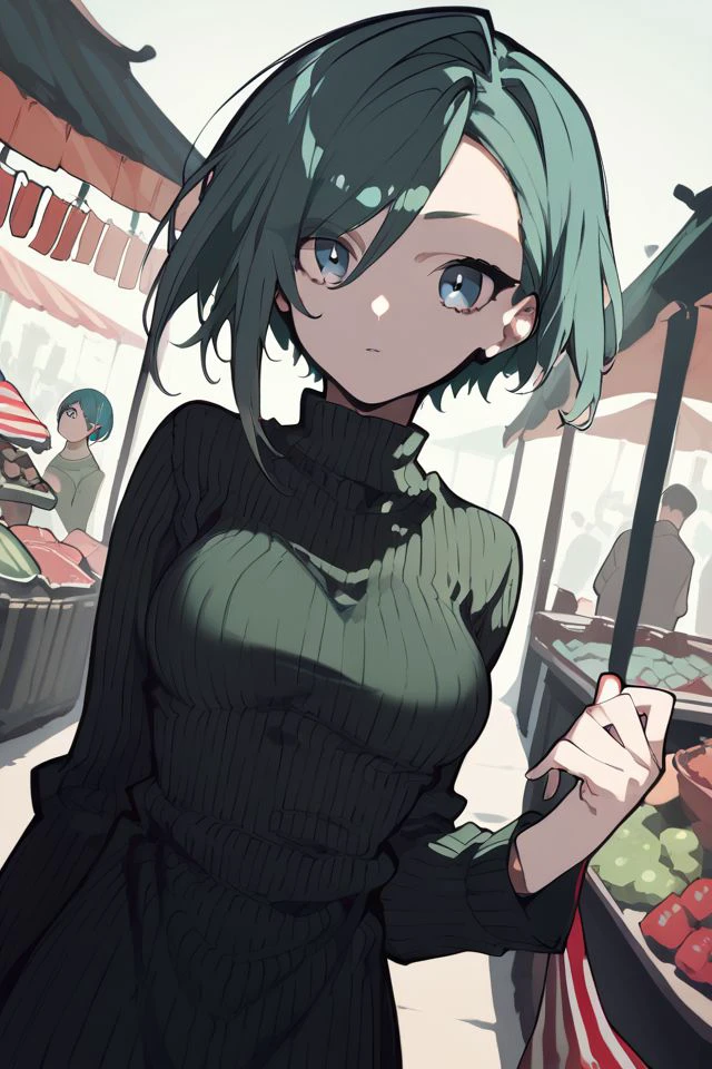 score_9, score_8_up, score_7_up, 1girl, looking at viewer, kamina pose, guilt, aqua hair, very short hair, side-swept fringe, light blue eyes, breasts, dark green sweater dress, dim light, market, dutch angle <lora:mochizuki_kei_PonyXL_style_v01:1>