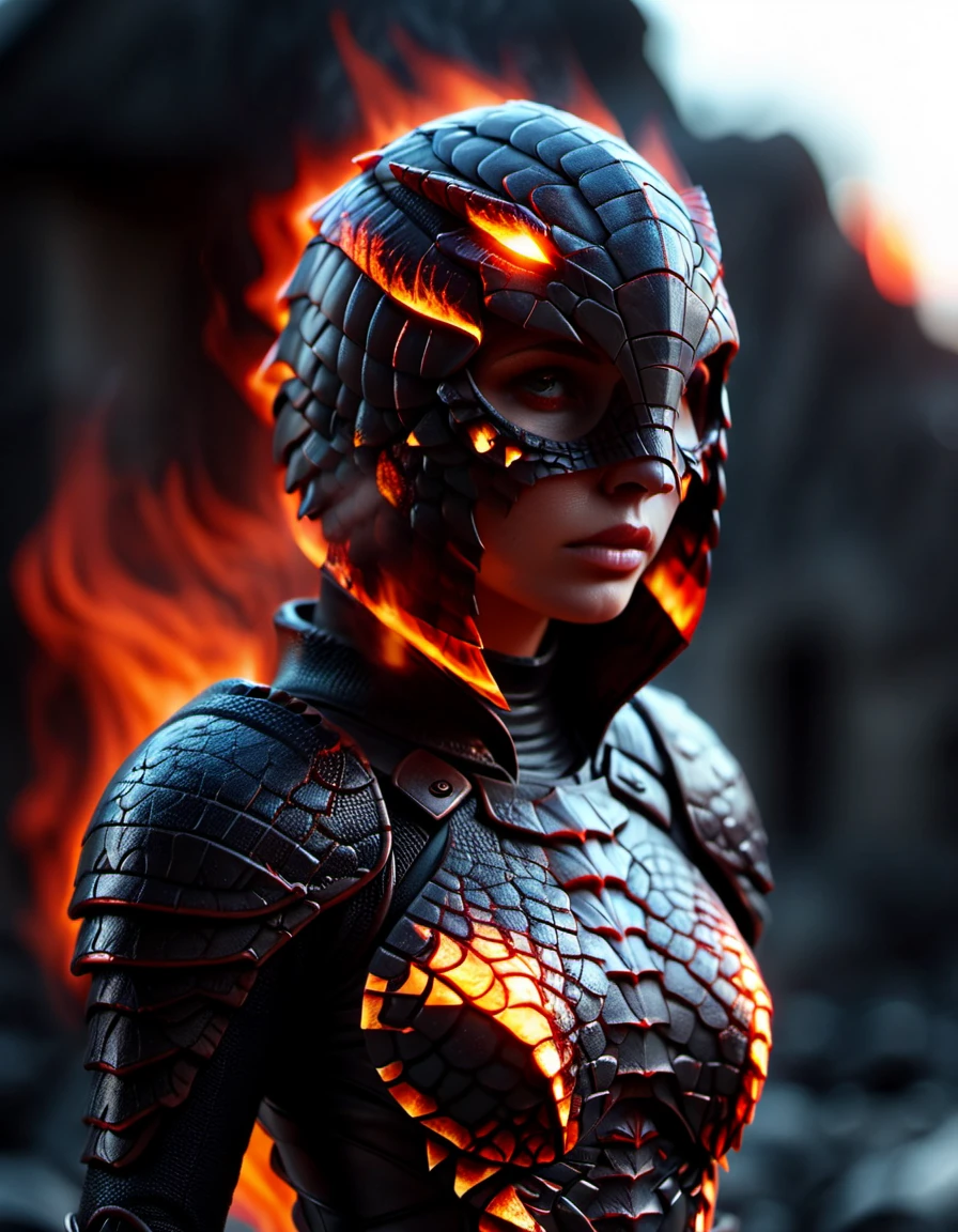 A dark ghostly female silhouette. Divinity of Fire. Cracked skin. light armor. Dark armor. Cracked armor. Canvas hood. Basalt. Lava flow. Seductive and dangerous. Burn inside. Glowing eyes. Bokeh blur, photorealistic <lora:ral-armdszn:1> ral-armdszn