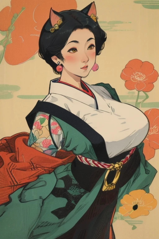 animal ears, cat ears, short hair, large breasts, earrings, piercing, Ukiyo-e style, (Ukiyo-e art:1.4)