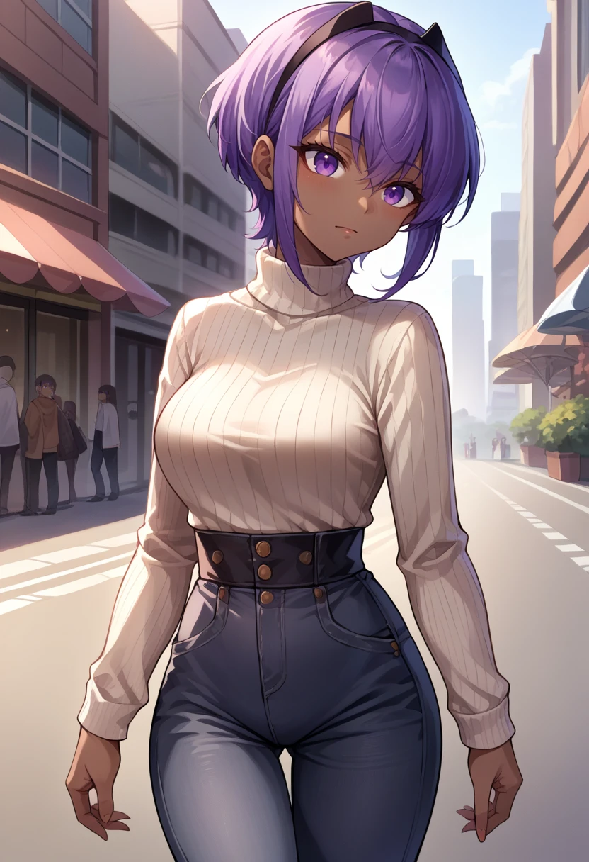 score_9, score_8_up, source_anime, HassanOfSerenity, dark-skinned female, purple hair, purple eyes, short hair, black hairband, sweater, ribbed sweater, long sleeves, high-waist pants, outdoors, city, <lora:ChamHassanOfSerenityPonyXL:1>