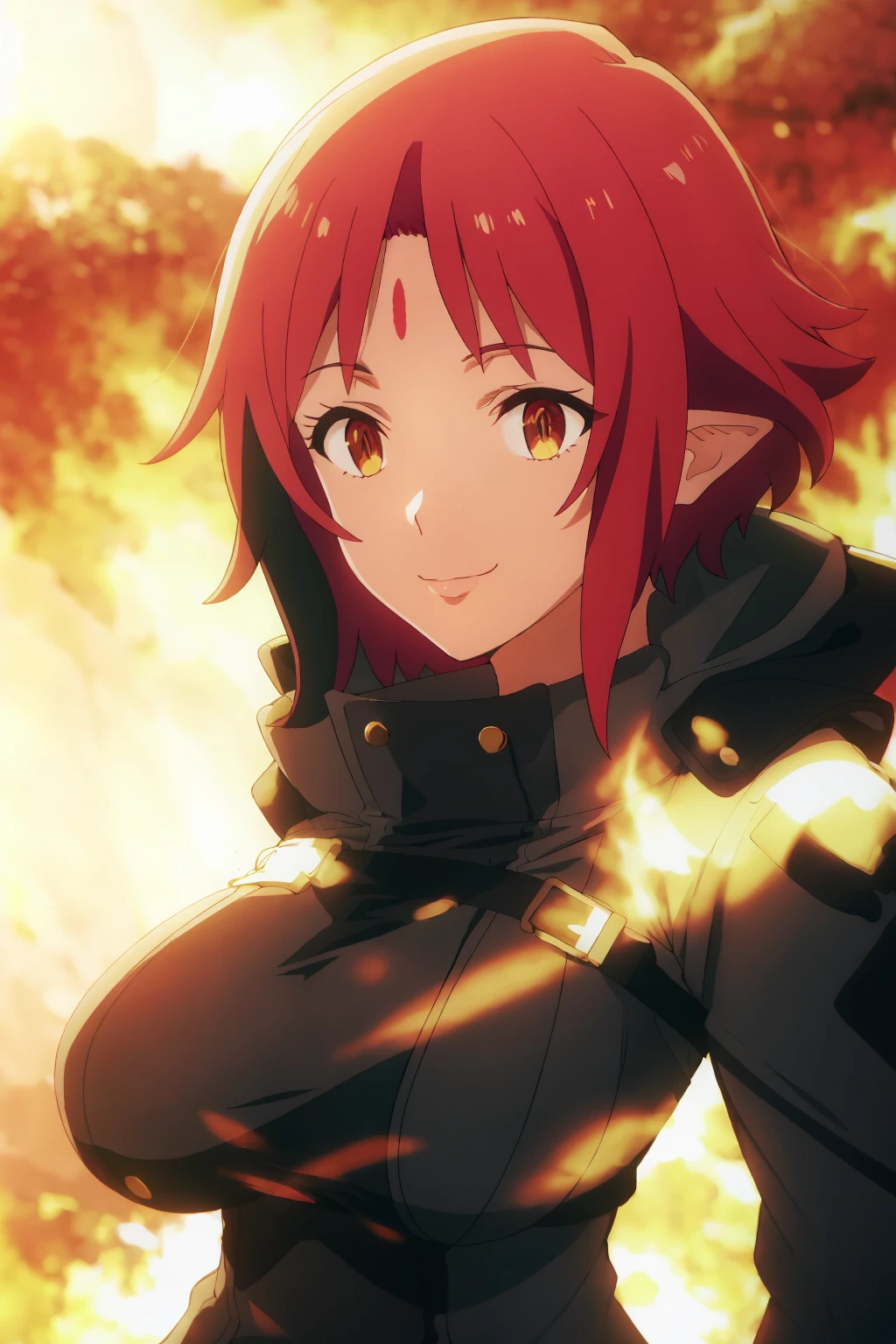 ((best quality)),((highly detailed)),masterpiece,absurdres,detailed face,beautiful face,(detailed eyes, deep eyes),1girl,((dynamic pose)) <lora:WolbachV1:0.8>Wolbach, pink hair, solo, breasts, looking at viewer, facial mark, short hair, smile, forehead mark, multicolored eyes, large breasts, closed mouth, upper body, fire, hood, pointy ears, bodysuit, hood down, bangs, jacket, armor, blurry, medium hair, light smile, backlighting, high collar, forehead jewel, coat, parted bangs
