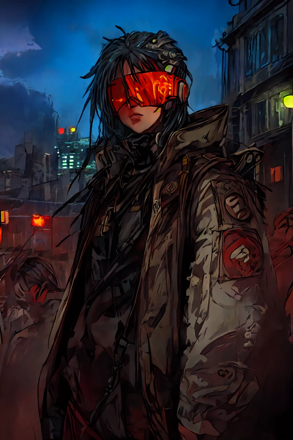 (masterpiece, best quality, ultra detailed, beautiful illustration), atmospheric perspective, depth of field, (outdoors, cyberpunk city), a plaza full of people, neon lights, (night:1.1), ray tracing, 1girl