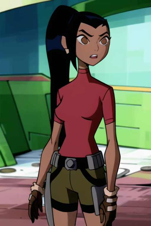 <lora:kaigreen:1> 1girl ,solo, black hair,pony tail, red shirt, brown eyes, brown gloves,jewelry, ponytail, sidelocks, earrings, belt,brown shorts, dark skin, dark-skinned female, turtleneck, masterpiece, best quality