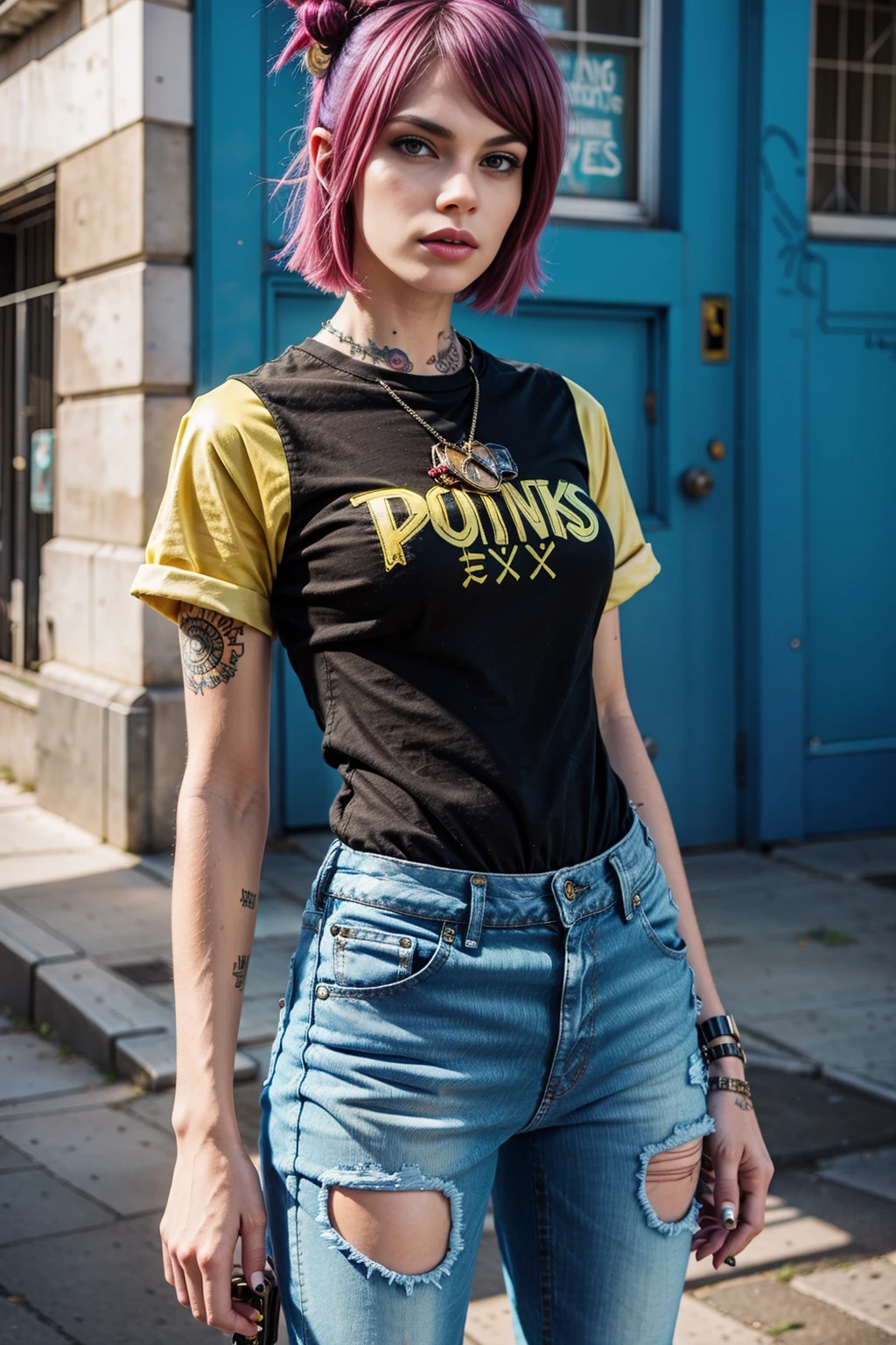 <lora:LemonWorld:1> (LemonWorld:0.7) 1woman (punk shirt and short jeans:1.3) (sexy skinny:1.3) (writer grafitti:1.2)