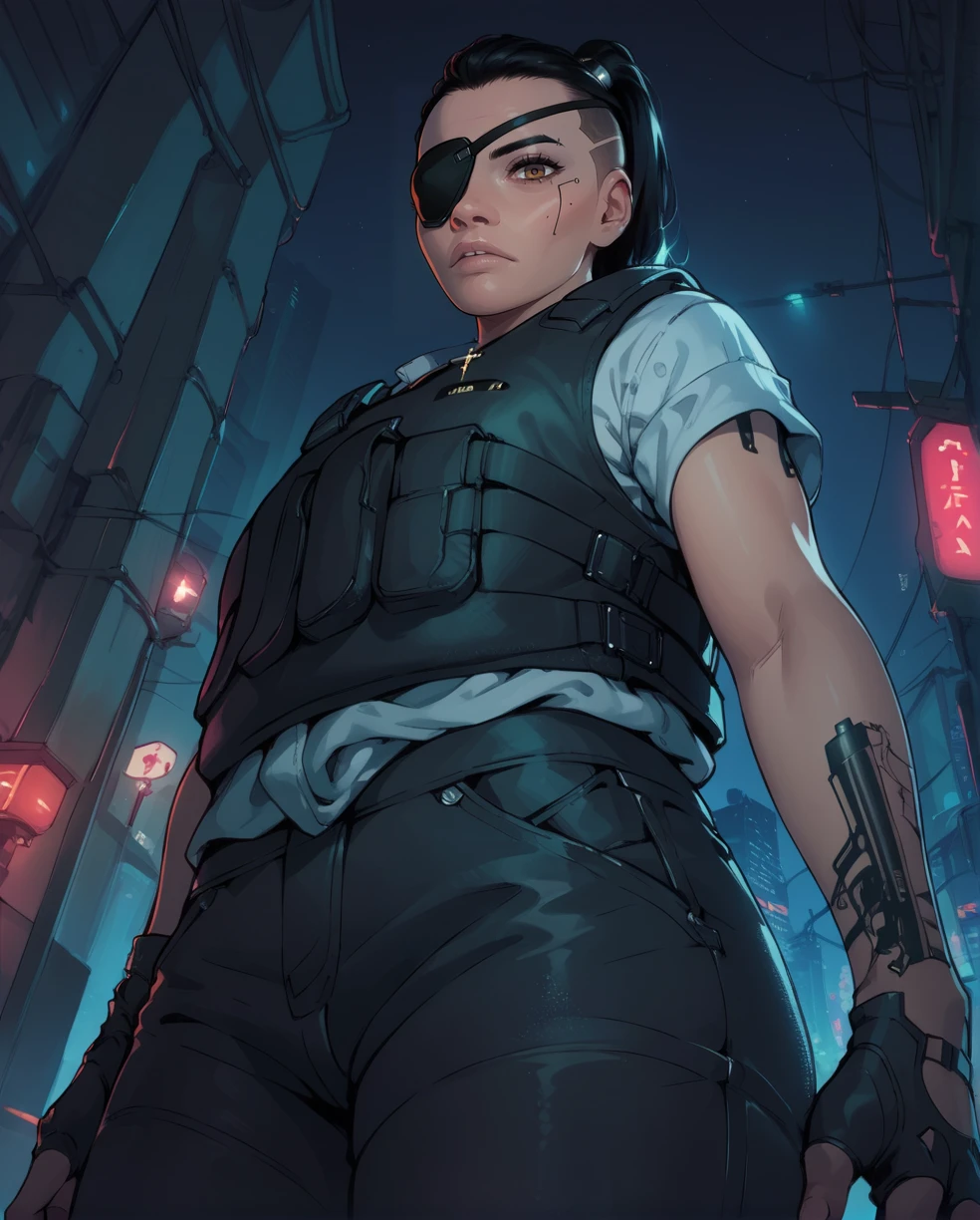 score_9,score_8_up,score_7_up,
Regina,brown eyes,black eyepatch on right eye,black hair,ponytail,undercut,
shirt,vest,cross necklace,looking at viewer,fingerless gloves,black pants,
night,standing, from below,
cyberpunk, police station,
looking at viewer,<lora:ReginaJonesCP2077-XL11:0.9>,solo,
