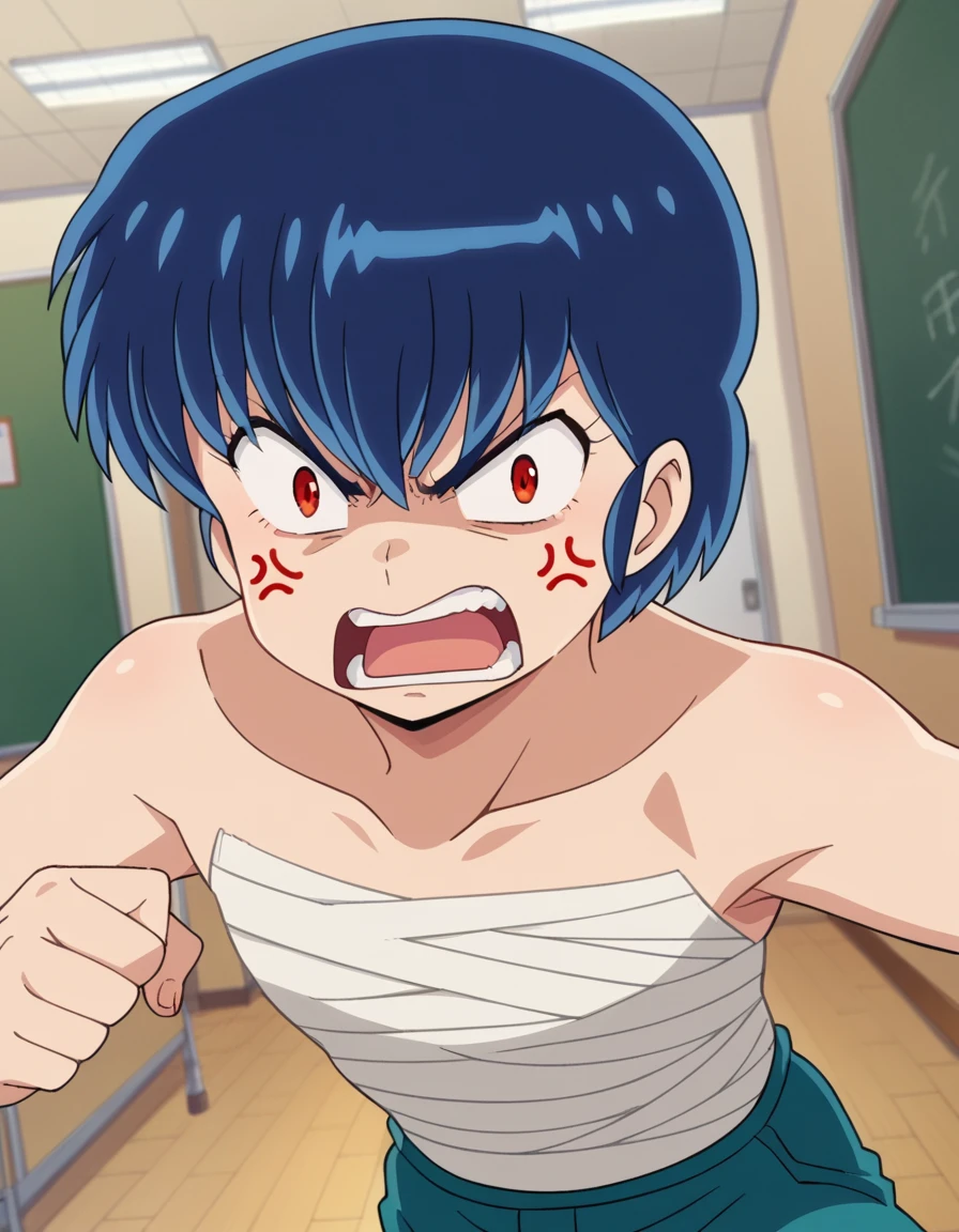 score_9, score_8_up, score_7_up, source_anime,
ryuunosukefujinami, <lora:ryuunosuke-fujinami-ponyxl-lora-nochekaiser:1>,
ryuunosuke fujinami, short hair, blue hair, red eyes, angry, anger vein, shouting, open mouth,
sarashi, chest sarashi, pants, bandage,
indoors, classroom, hallway,
looking at viewer, cowboy shot, dutch angle,