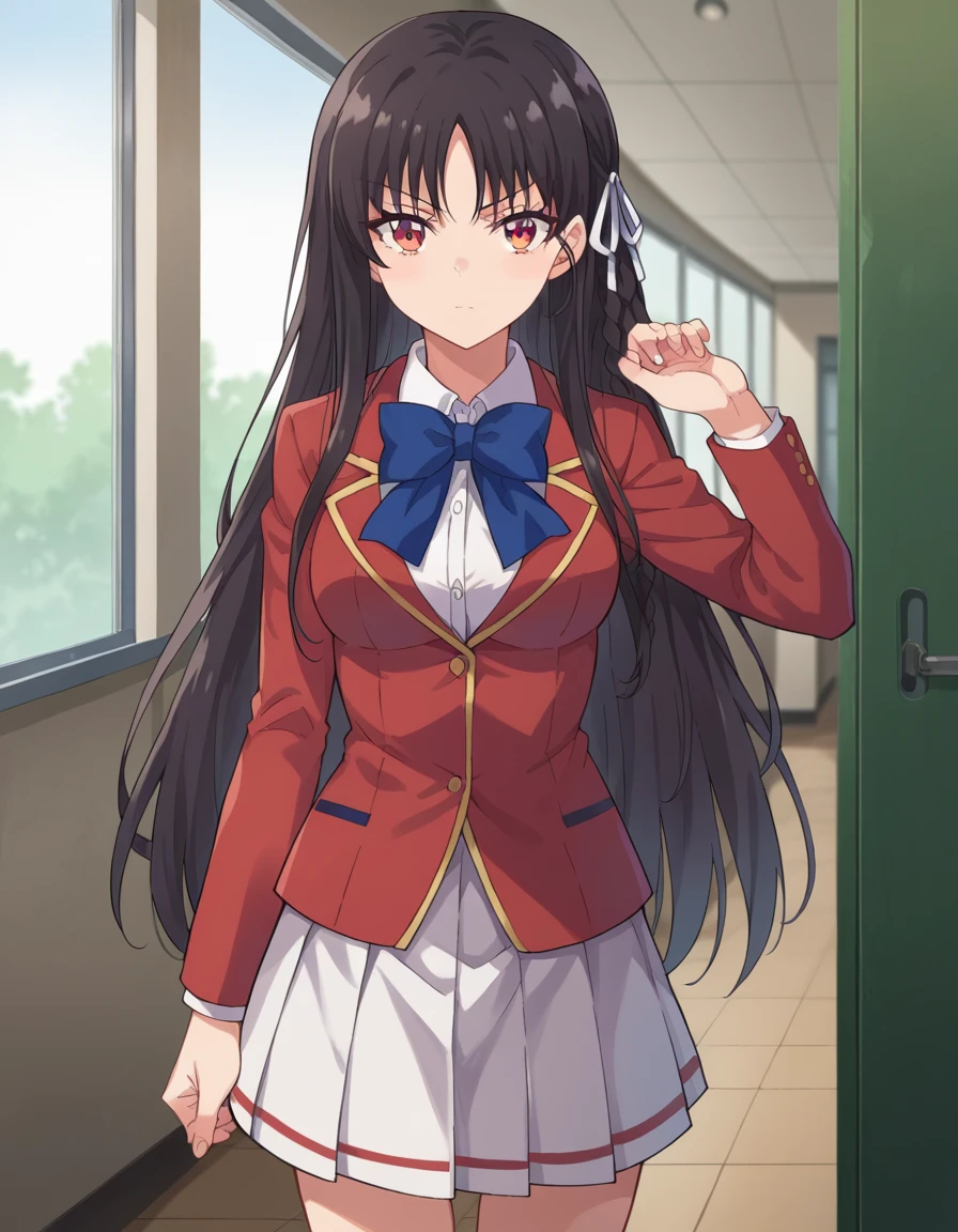 score_9, score_8_up, score_7_up, source_anime,
suzunehorikita, <lora:suzune-horikita-ponyxl-lora-nochekaiser:1>,
suzune horikita, long hair, black hair, red eyes, hair ribbon, braid,
bow, school uniform, jacket, bowtie, blue bowtie, blazer, red blazer, skirt, white skirt,
indoors, classroom, hallway,
looking at viewer, dynamic pose, cowboy shot,