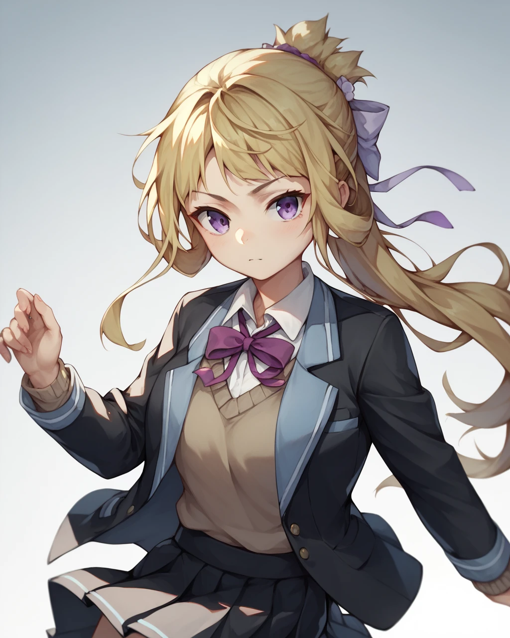 score_9, score_8_up, score_7_up,
<lora:Nogi_Wakaba_PONY:1>,1girl, solo, long hair, skirt, blonde hair,purple eyes, ponytail, ribbon,school uniform,white shirt, collared shirt, black skirt, red ribbon, black jacket, neck ribbon, blazer,brown sweater,