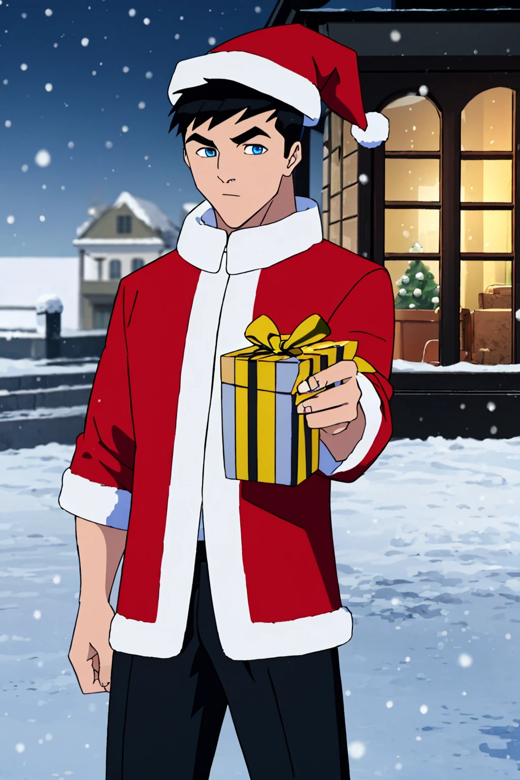 masterpiece,best quality,Bruce_Wayne,1boy,solo,winter,snowing,santa claus outfit, santa hat,looking at viewer,black hair,blue eyes,male focus