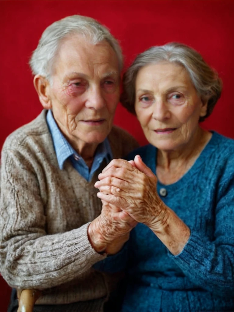 An intimate portrait of an elderly couple holding hands, the details in their intertwined fingers and the depth of emotion in their eyes showcasing a lifetime of shared experiences and unwavering commitment.