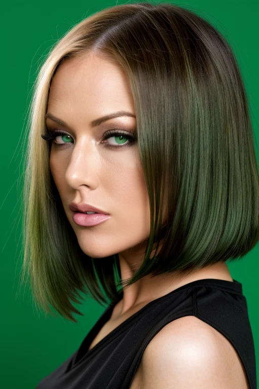 the gorgeous wo_kaykross01, parted_lips, (head_portrait:1.2), long bob hair, wearing a black office shirt, in a photoshoot, ((solid green background)), 8k, masterpiece, high quality, highres, photorealistic, raw, extremely detail, facing the camera<lora:woKaydenKrossMergedFinal:0.700000>