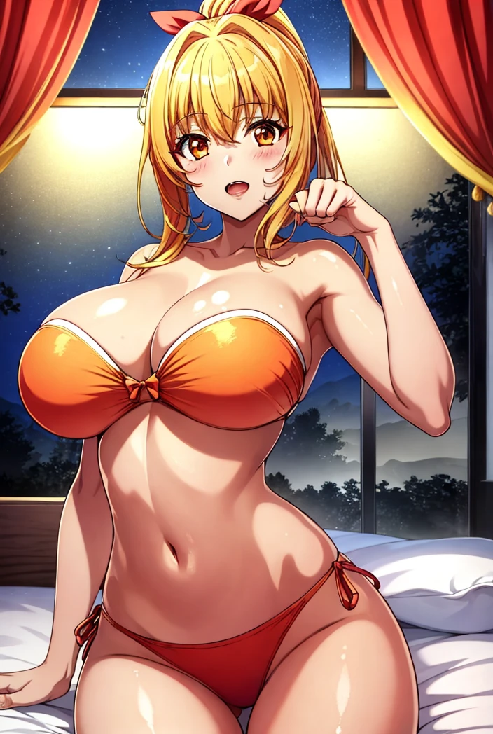 high resolution, master piece, high quality, ultra-detailed, night bedroom, on bed, ultra detailed landscape, adult DVD cover, ultra-detailed eyes, paw pose, 
cowboy shot, 1girl, solo, breasts focus, perfect anatomy, ideal ratio body proportions, hourglass body shape, arm on side, skin dents, gleaming skin,
marinchan, orgasm, blush, orange eyes, blonde hair, gradient hair, middle hair, ponytail, huge breasts, large thighs, makeup, nails, red ribbon,
orange bikini strapless, side-tie bikini bottom, 
<lora:marinchan:0.7> <lora:add_detail:0.3>