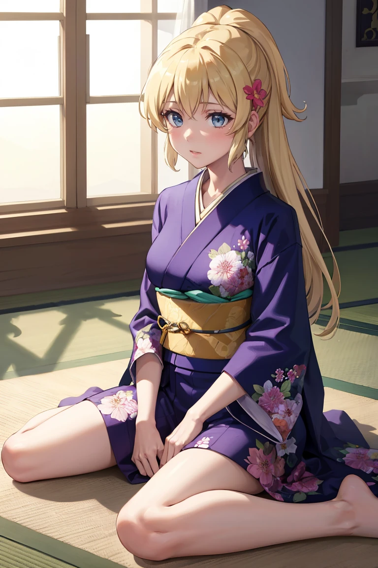 masterpiece, best quality, absurdres, 1girl, solo, YuinshielAsteria, long hair, ponytail, indoors, kimono, hair flower, floral print, wariza, sitting, <lora:YuinshielAsteria:0.8>