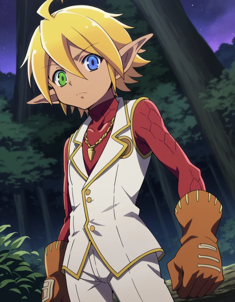 score_9, score_8_up, score_7_up, source_anime,
aurabellafiora, <lora:aura-bella-fiore-ponyxl-lora-nochekaiser:1>,
aura bella fiora, short hair, blue eyes, blonde hair, hair between eyes, green eyes, ahoge, pointy ears, dark skin, heterochromia, elf, dark elf,
gloves, jewelry, necklace, vest, white vest, pants, white pants,
outdoors, night, night sky, forest, nature,
looking at viewer, cowboy shot, dutch angle,