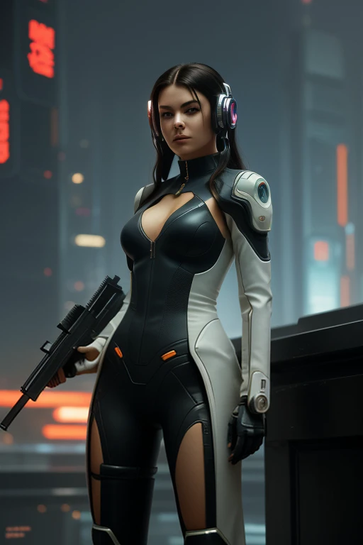 <lora:NTR-CYBERPUNK-EROTICA-05x1:0.5> a woman in a futuristic suit holding a gun in her hand, looking at the camera, cyberpunk art, neo-figurative, anime