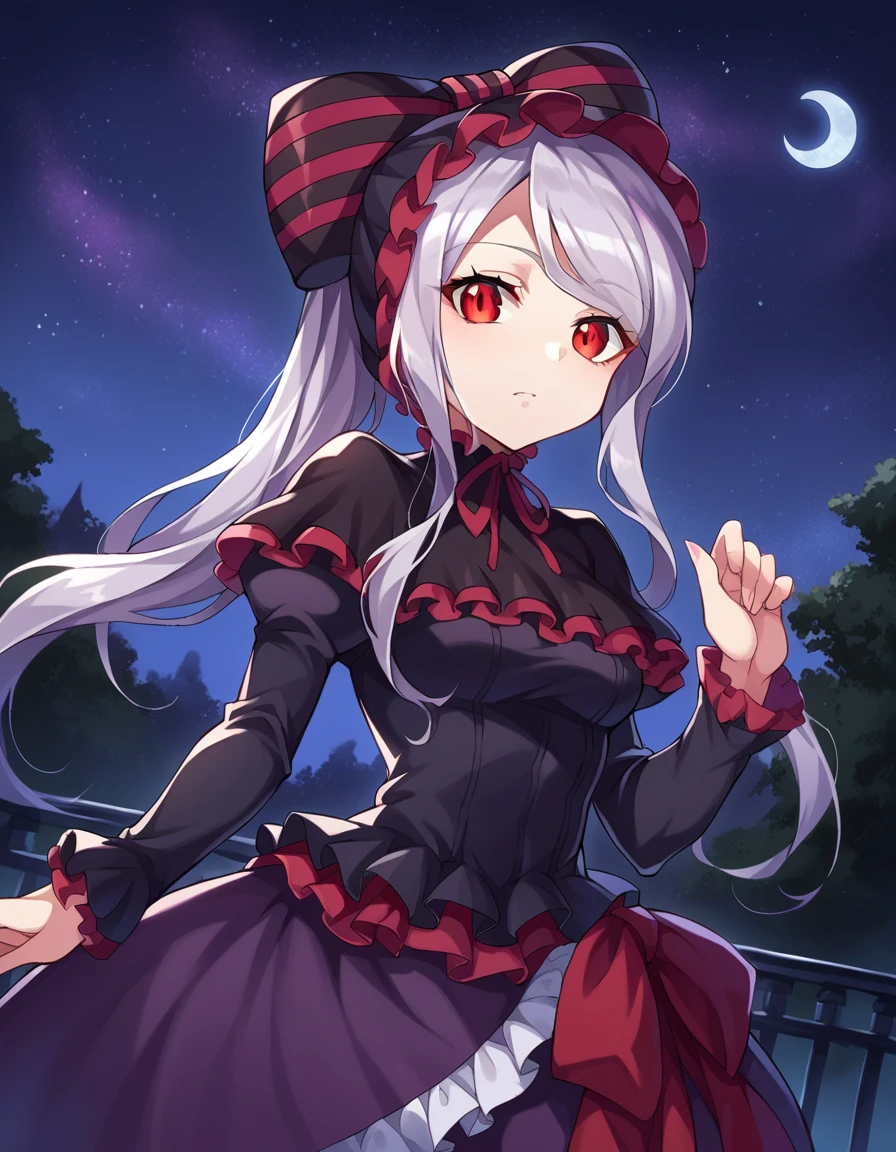 score_9, score_8_up, score_7_up, source_anime,
shalltear, <lora:shalltear-bloodfallen-ponyxl-lora-nochekaiser:1>,
shalltear bloodfallen, grey hair, long hair, red eyes, silver hair,
black dress, bonnet, bow, dress, frilled dress, frills, large bow, long sleeves, vampire,
outdoors, night, forest, night, moon, starry sky,
looking at viewer, cowboy shot, dutch angle,