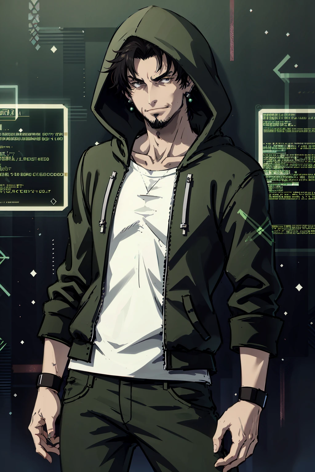 masterpiece, best quality, 1boy, male focus, solo, looking at viewer, <lora:EPscMugen-000011:0.7>, EPscMugen, black hair, short hair, earrings, goatee stubble, stubble, <lora:HackedTech-20:1.3>, hackedtech, hoodie, leather, data stream, green hues, <lora:CONCEPT_graffiti_wall_ownwaifu-15:0.7>, CONCEPT_graffiti_wall_ownwaifu, www.ownwaifu.com, (graffiti:1.2), brick wall, contrapposto, v-shaped eyebrows, smirk, smile, parted lips, hood up, cyberpunk, pants