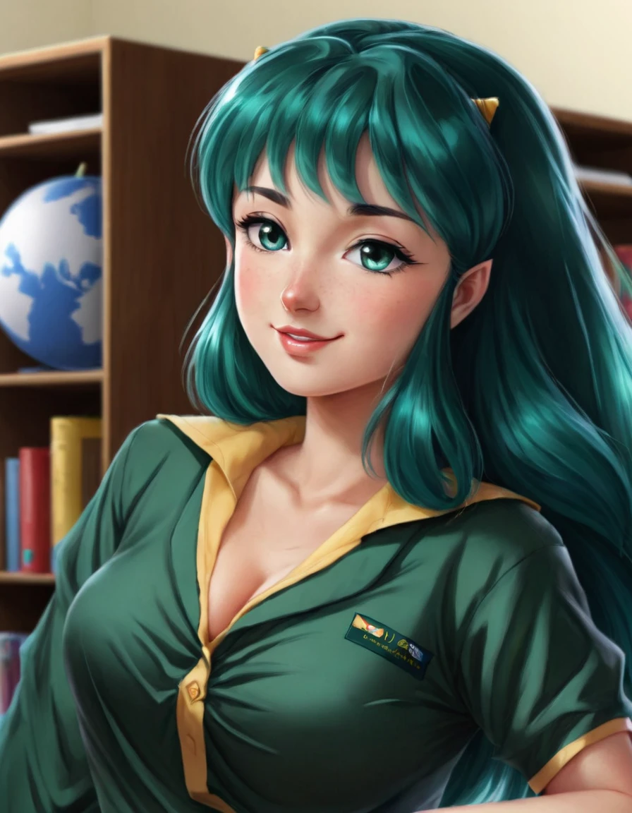 lum, 1girl, solo, smile, school uniform, realistic, photo