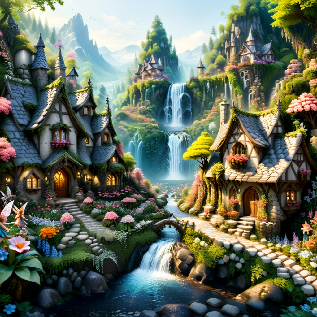 <lora:Fairy_Tale_Village:1>a fairy tale village, cobblestone path, small creek, waterfall in the background, some trees, flowers, detailed, photographic, intricate, epic shot, masterpiece, (crystal clear:1.0)<lora:add-detail-xl:1> <lora:xl_more_art-full_v1:1>some DOF