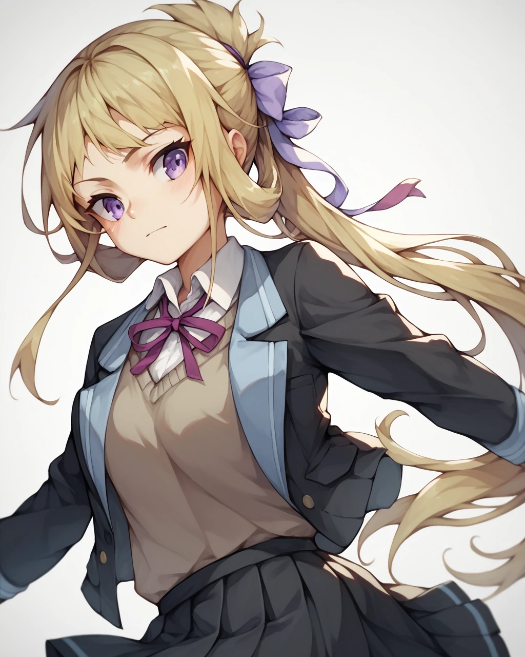 score_9, score_8_up, score_7_up,
<lora:Nogi_Wakaba_PONY:1>,1girl, solo, long hair, skirt, blonde hair,purple eyes, ponytail, ribbon,school uniform,white shirt, collared shirt, black skirt, red ribbon, black jacket, neck ribbon, blazer,brown sweater,