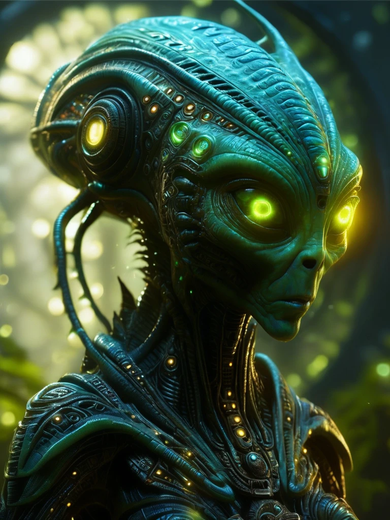 A close-up portrait of an alien being, with luminescent skin and eyes that hold centuries of wisdom, set against the backdrop of their advanced, technology-filled habitat.