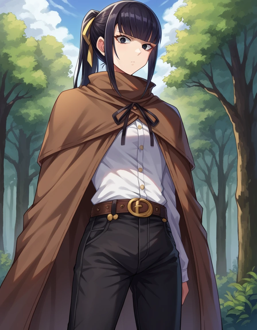 score_9, score_8_up, score_7_up, source_anime,
narberalgamma, <lora:narberal-gamma-ponyxl-lora-nochekaiser:1>,
narberal gamma, black hair, high ponytail, long hair, slanted eyes, narrow eyes, black eyes,
belt, belt buckle, black pants, black ribbon, brown cape, buckle, buttons, cape, pants, ribbon-trimmed cape, white shirt,
outdoors, forest, nature,
looking at viewer, cowboy shot, dutch angle,