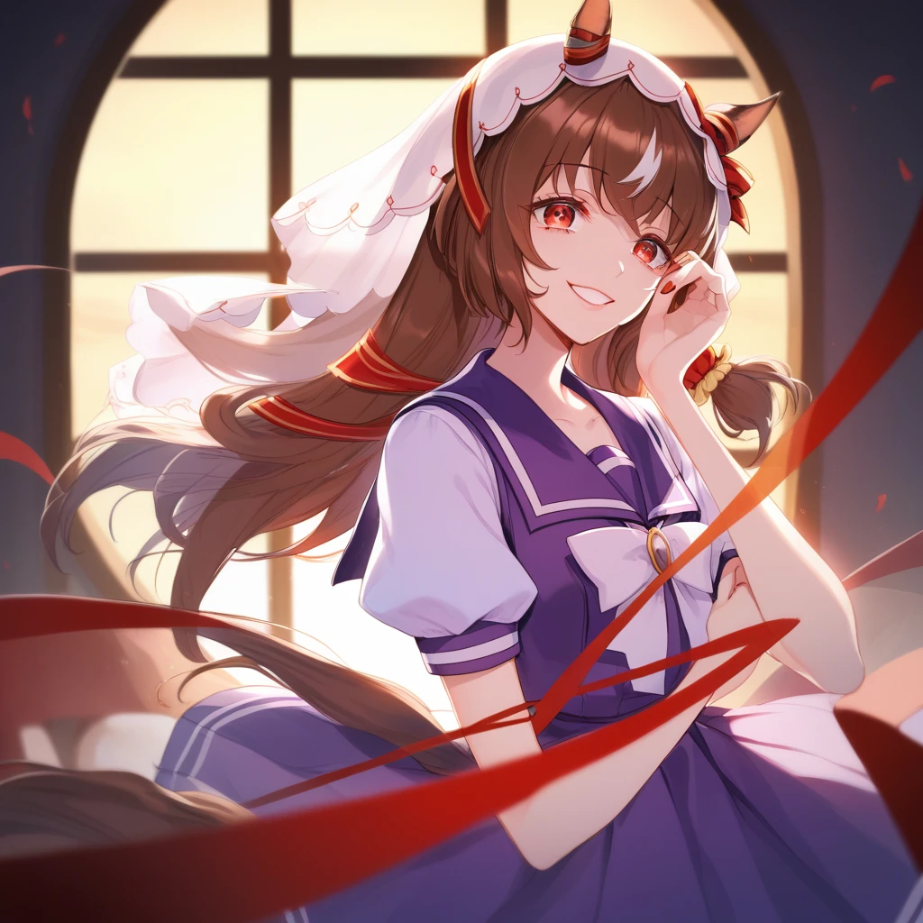 score_9, score_8_up, score_7_up, source_anime BREAK
(dusk, dim light, the setting sun, red_theme,evening glow), wide_shot,
1girl, solo, red eyes, bare shoulders, small breasts, horse ears, horse tail, bangs, eyebrows visible through hair, long brown hair, streaked hair, hair between eyes, hair scrunchie, veil,
smiling, yandere trance, evil smile, empty eyes, crazy eyes, (dark:1.4), lipstick,
(tracen school uniform, puffy sleeves, short sleeves, purple_bow), (red nail:1),
(school), window, full body,
<lora:StillinLove_XL_try:0.8>,