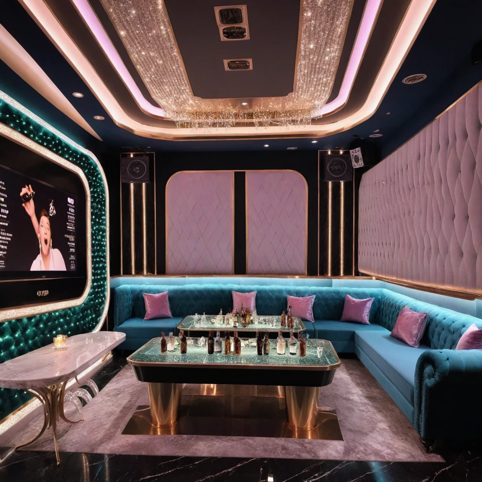 <lora:JJsKaraokeRoom_XL:1>,((Karaoke Room)), ((dramatic lighting)), Masterpiece, high quality, best quality, authentic, super detail , high quality, ceiling light, 1girl, maid dress, singing, highly detailed, screen, sofa, table, glamour body,