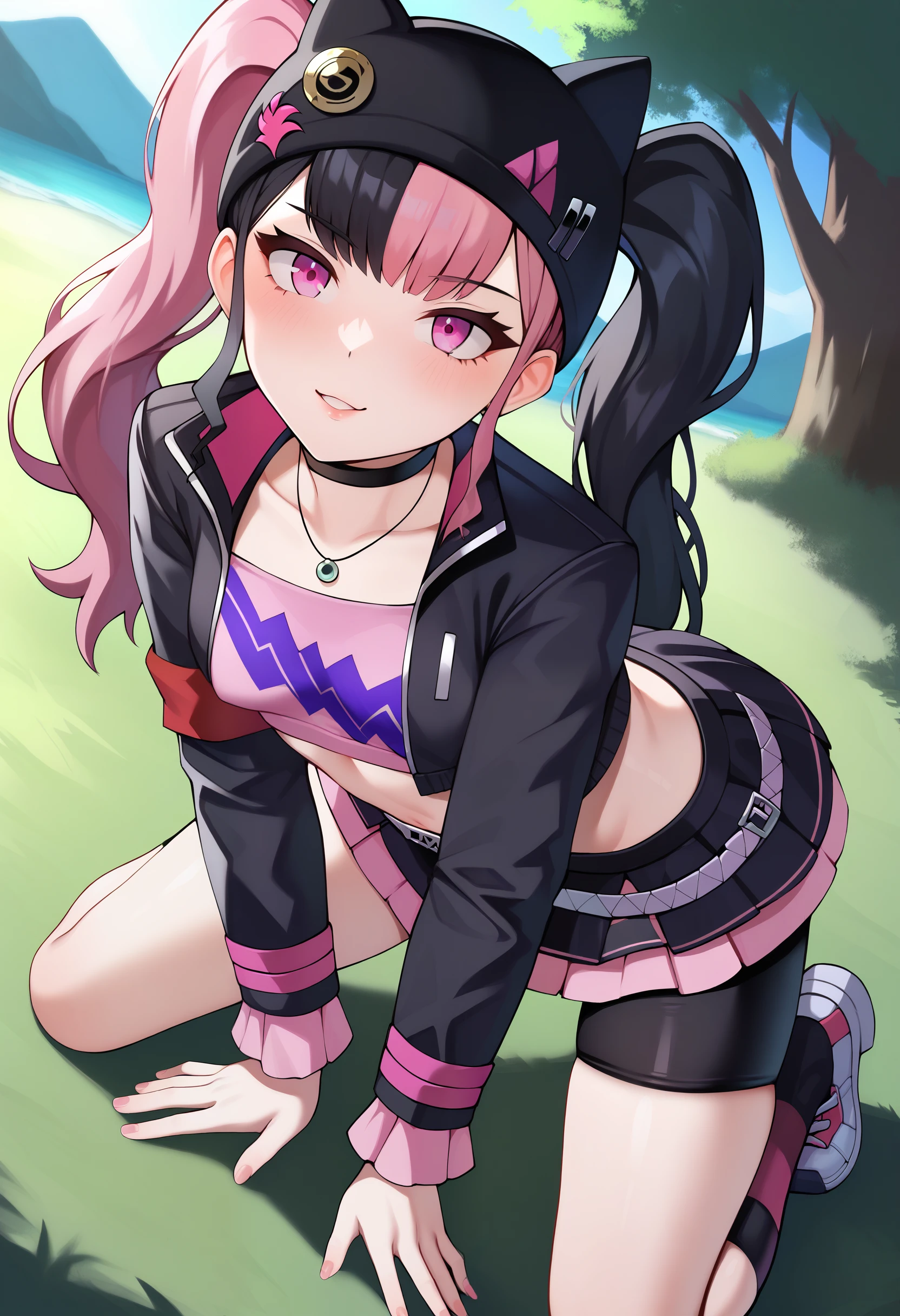 score_9, zoe_rayne, 1girl, solo, pink eyes, asymmetrical legwear, jewelry, twintails, multicolored hair, pink hair, black hair, black jacket, looking at viewer, two-tone hair, skirt, bike shorts, choker, hat, long hair, midriff, small breasts, outdoors, all fours, smile <lora:Palworld-Zoe_Rayne:0.8>