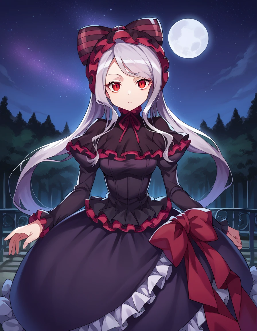 score_9, score_8_up, score_7_up, source_anime,
shalltear, <lora:shalltear-bloodfallen-ponyxl-lora-nochekaiser:1>,
shalltear bloodfallen, grey hair, long hair, red eyes, silver hair,
black dress, bonnet, bow, dress, frilled dress, frills, large bow, long sleeves, vampire,
outdoors, night, forest, night, moon, starry sky,
looking at viewer, cowboy shot, dutch angle,