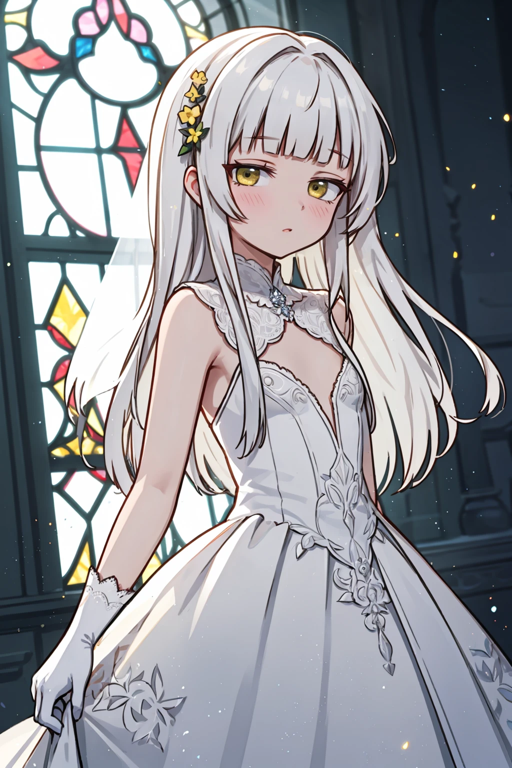 1girl, hazel yellow eyes, white hair, flat chest, long hair, hime cut, blunt bangs, lace, lace, wedding dress, long glove, elegant, makeup, jewelry, (flowers), indoor, stained glass, soft light, light particles, silhouette, light particles, Dramatic lighting, spectral light, high detail luminescence, (blurry background, blurry foreground, depth of field, ambient lighting:1.3), lens flare