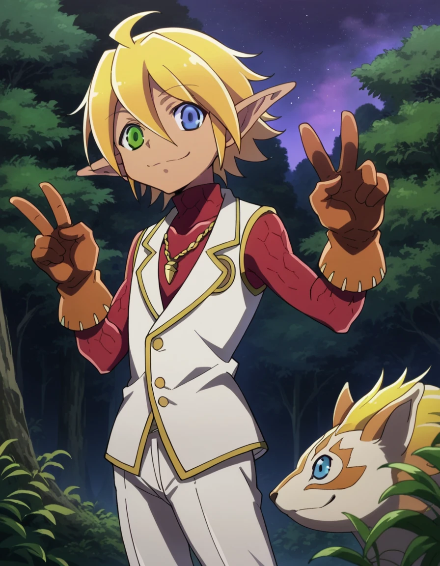 score_9, score_8_up, score_7_up, source_anime,
aurabellafiora, <lora:aura-bella-fiore-ponyxl-lora-nochekaiser:1>,
aura bella fiora, short hair, blue eyes, blonde hair, hair between eyes, green eyes, ahoge, pointy ears, dark skin, heterochromia, elf, dark elf, smile, peace sign,
gloves, jewelry, necklace, vest, white vest, pants, white pants,
outdoors, night, night sky, forest, nature,
looking at viewer,