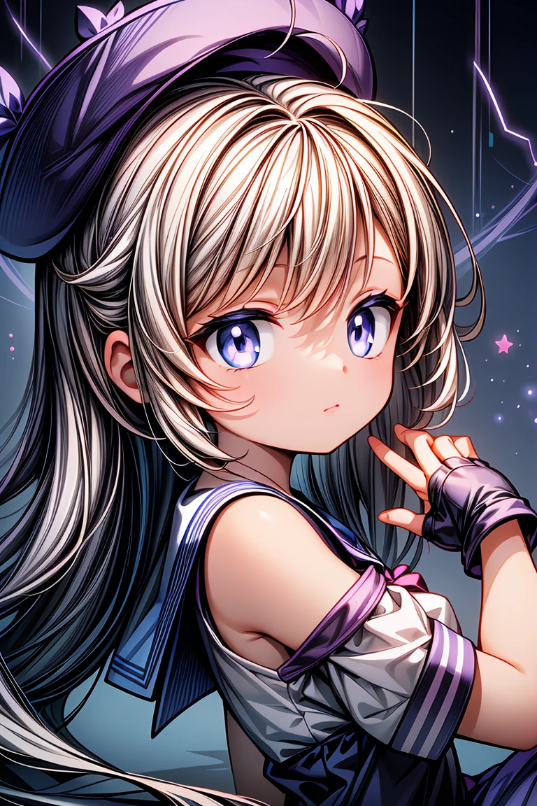 professional_artwork,best_quality,(blue and purple theme:1.3),1girl,solo,(mature_female,elegant,evil,perfect_face,beautiful:1.2),closed_mouth,sailor_dress,serafuku,sailor_hat,shoulder_sash,star \(symbol\),((Detailed)), ((Masterpiece)), ((Impressive)), ((Magic Circle)), ((Elegant)), ((Mind-blowing)), ((Phenomenal)), anime, Shojo, Drama, digital artwork, Digital masterpiece, Digital masterpiece, Digital illustration, neon light, Neon illumination, Electrifying light, Vibrant glow, 35mm, Panoramic view,Illustration,Cover,enigmatic figure,crystals adorning hair,dreamlike swirl,pastel hues,soft light,evoking calm serenity and elusive beauty,Non-representational,colors and shapes,expression of feelings,imaginative,highly detailed,shoulder_sash,blue_trim,grey_eyes,fingerless_gloves,headwear,close-up,looking_at_viewer,from_side,sitting