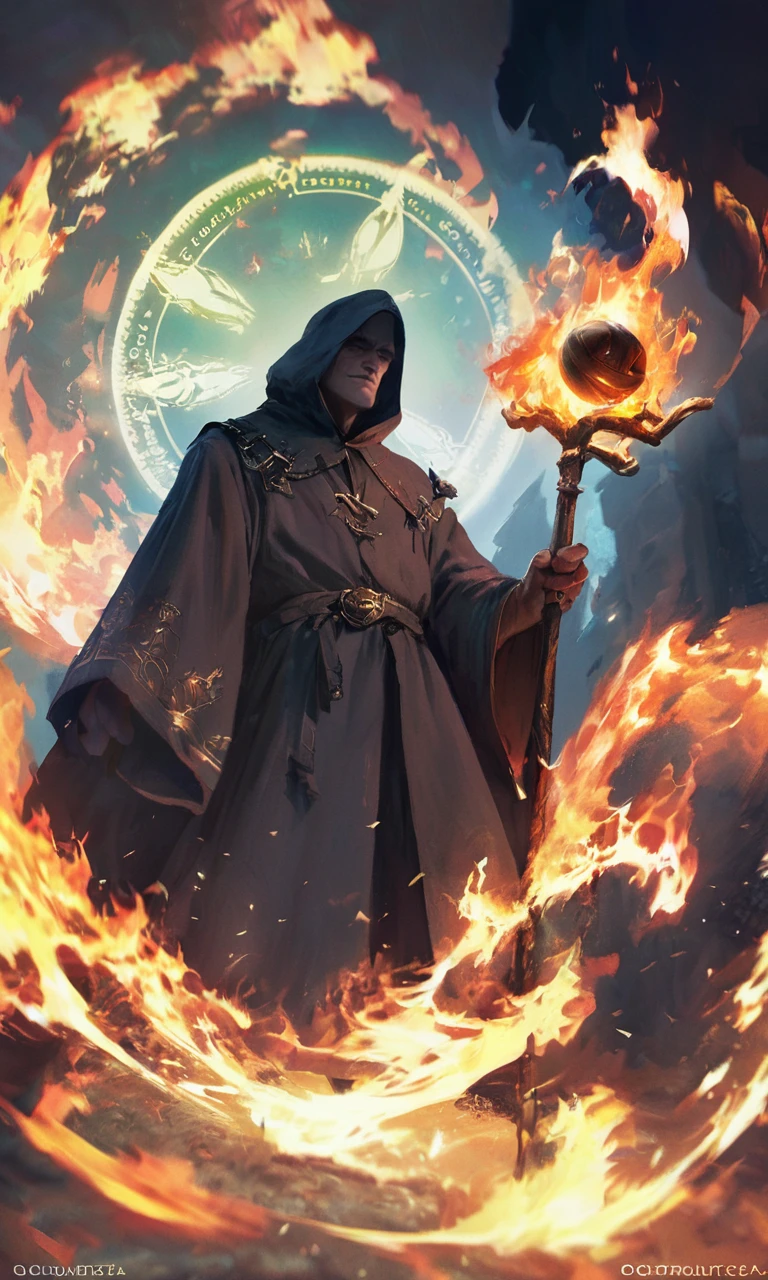 score_9, score_8_up, score_7_up, BREAK, gwentstyle, a man in a robe holding a staff and a fire ball, magic effects in background, (dark fantasy:1.2), soft light, <lora:GwentStyle_v2:0.85>