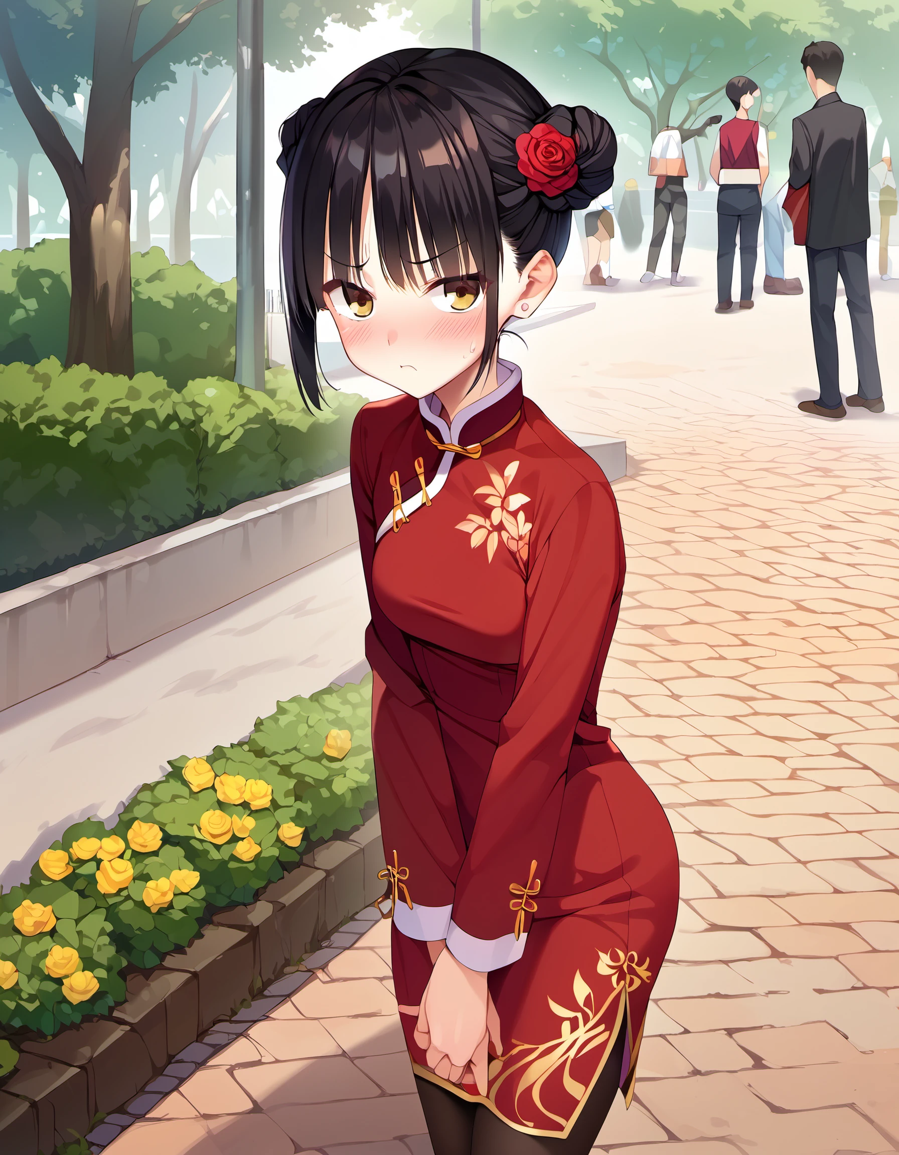 cinematic photo, 
score_9, score_8_up, score_7_up, source_anime,
pinup of 1girl, solo, in park, cosplay, outdoors, humiliation, embarrassed,  blush,  grumpy,from above,
skntm, short hair,  black hair, double hair bun, hair ornament, hair flower, rose, bangs, yellow eyes,   
china dress, red dress, side list, black pantyhose,
<lora:ShikiNatsume_pony_v1r:0.8>
,
35mm photograph, film, bokeh, professional, 4k, highly detailed,