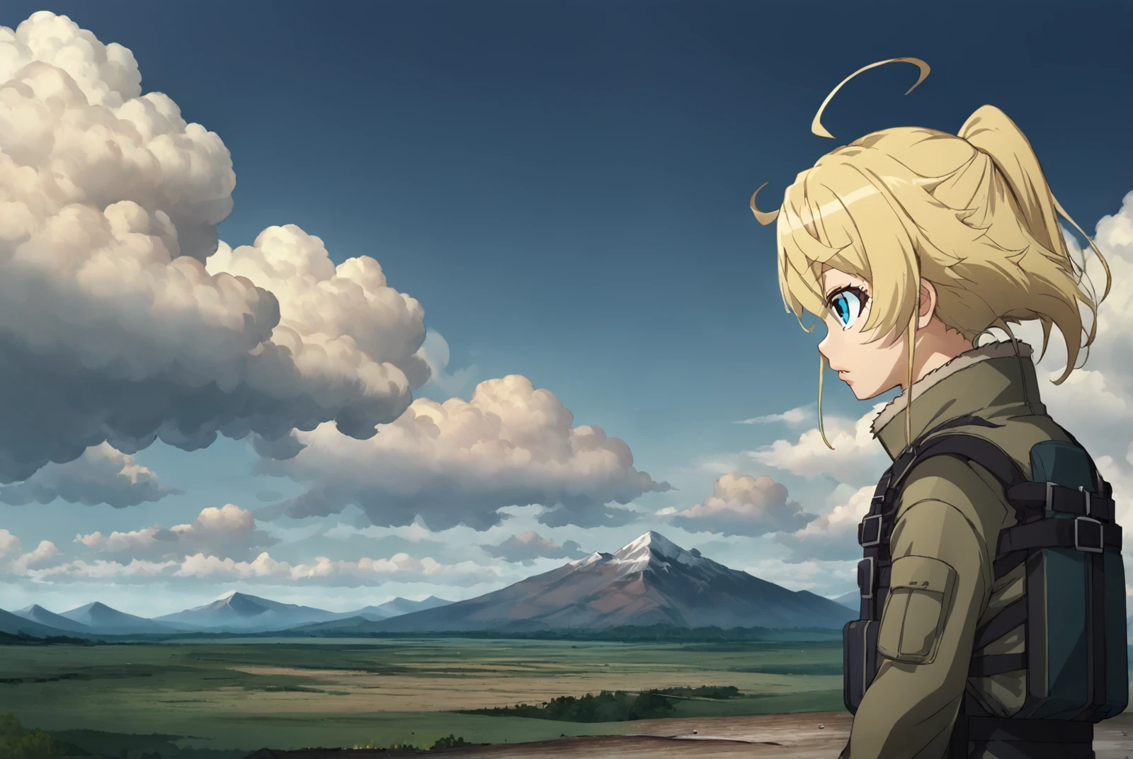 score_9, score_8_up, score_7_up BREAK TanyaDegurechaff, 1girl, solo, blue eyes, blonde hair, jacket, ponytail, ahoge, outdoors, parted lips, sky, cloud, from side, military, cloudy sky, scenery, mountain, soldier, flight suit,source_anime,<lora:Tanya_Degurechaff:1>