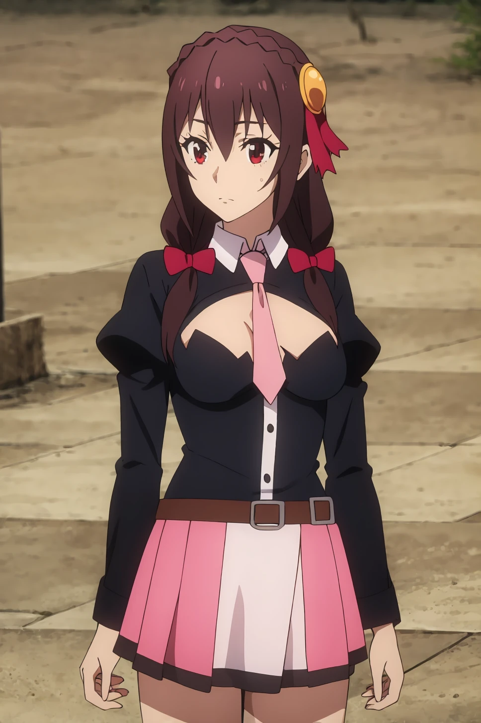 Yunyun, 1girl, solo, portrait,  looking at viewer, crown braid, shirt, collar, juliet sleeves, low twintails, pink miniskirt, thighhighs, necktie, belt,blushing, perfect quality, good quality, masterpiece, HDR, UHD ,white lace panties,lift skirt,upskirt,pantyshot,