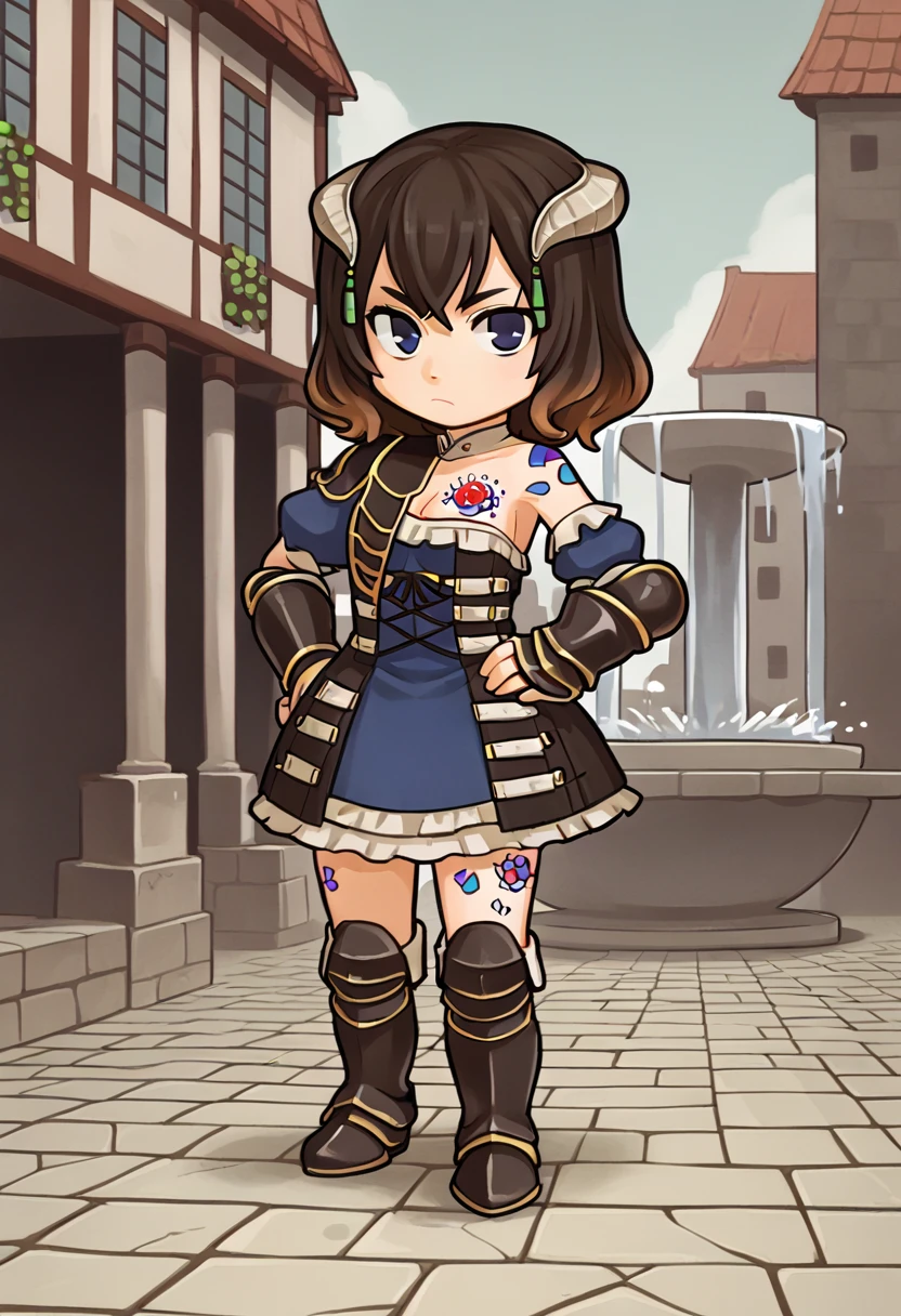 score_9, score_8_up, score_7_up, source_anime, chibi, 1girl, full body, looking at viewer, serious, hand on hip <lora:MiriamBS-pdxl:1> miriamBS, short hair, hair ornament, horns, cleavage, breast tattoo, dress, low neckline, detached sleeves, gauntlets, single gauntlet, boots, cobblestone, village, fountain