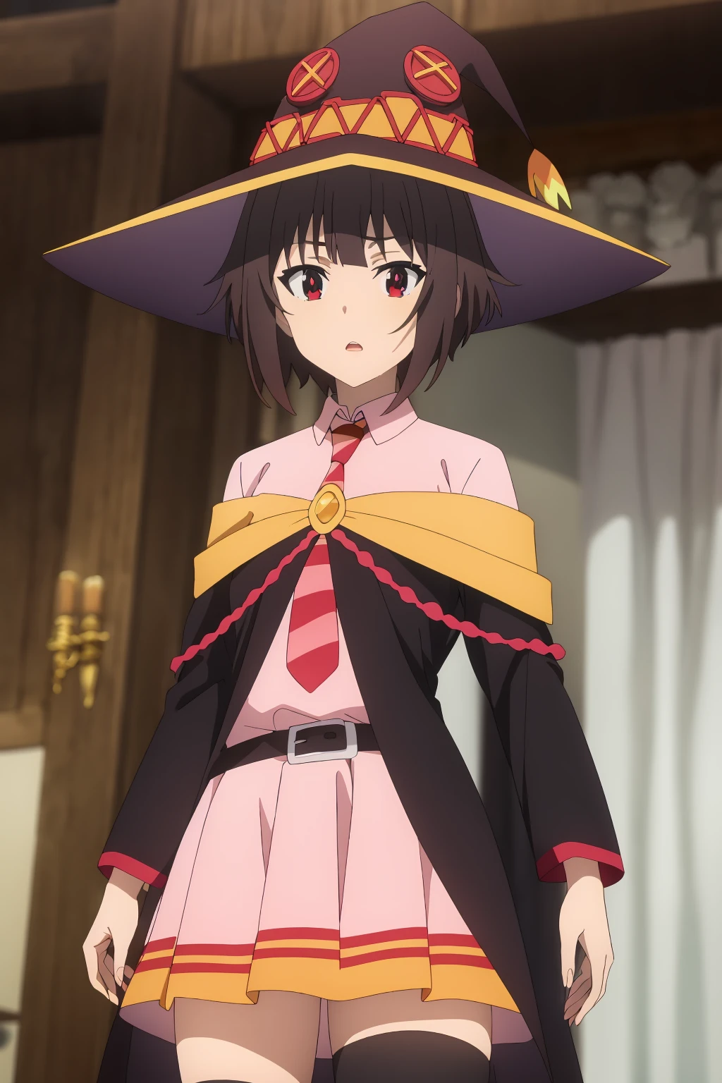 ((best quality)),((highly detailed)),masterpiece,absurdres,detailed face,beautiful face,(detailed eyes, deep eyes),1girl,((dynamic pose)) <lora:MeguminV1:0.8>Megumin, brown hair, hat, witch hat, necktie, red eyes, solo, short hair, belt, dress, indoors, cosplay, pink dress, bangs, cape, black headwear, looking at viewer, open mouth, striped, blurry, cowboy shot, long sleeves, red necktie, parted lips, standing, pink skirt, blurry background, thighhighs, striped necktie, book, short dress, short hair with long locks, black belt, shirt, black thighhighs, skirt, black cape