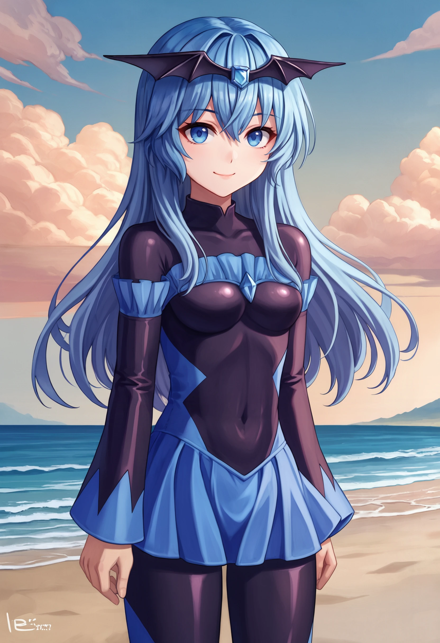 zPDXL, source_anime, BREAK
liselotte, blue hair, sidelocks, blue eyes,
closed mouth, light smile,
 badend bodysuit, blue badend, skirt,
cowboy shot, standing,
beach, <lora:liselotte-cretia-pdxl2-005:0.6>  <lora:bad-end-ot4-006:0.8>