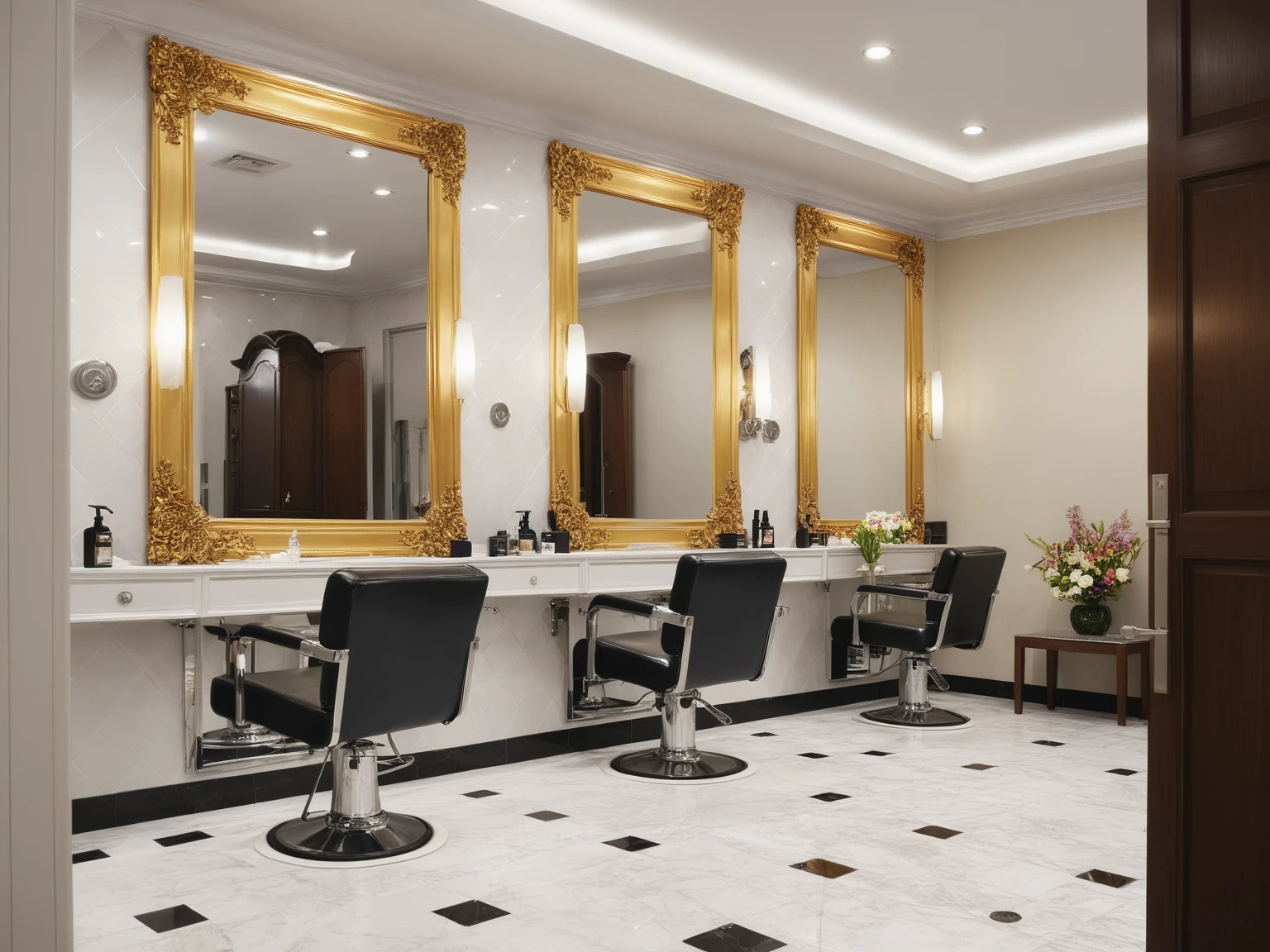 <lora:JJsHairSalon_XL:1>, ((Hair Salon)) , ((best quality)),((masterpiece)),((realistic)), indoors, mirror, reflection, chair, table, photorealistic, authentic, indoor scenery, highly detailed, stainless, gold, ceiling light, white wall, cup,curtains, glass,,bouquet,tiles,lamp,tile floor,vase