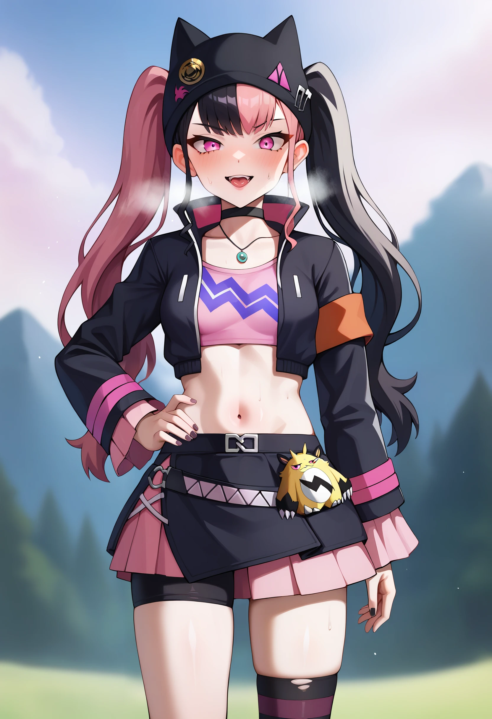 score_9, zoe_rayne, 1girl, solo, pink eyes, asymmetrical legwear, jewelry, twintails, multicolored hair, pink hair, black hair, black jacket, looking at viewer, two-tone hair, skirt, bike shorts, choker, hat, long hair, midriff, small breasts, outdoors, heavy_breathing, excited <lora:Palworld-Zoe_Rayne:0.8>