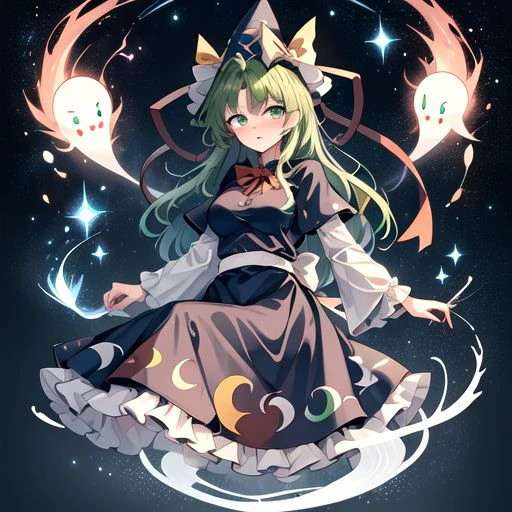 Best quality, most quality, solo, masterpiece, full body, blush, mima_touhou, green_hair, long_hair, hat, green_eyes, wizard_hat, bow, ribbon, blue_dress, breasts, ghost_tail,