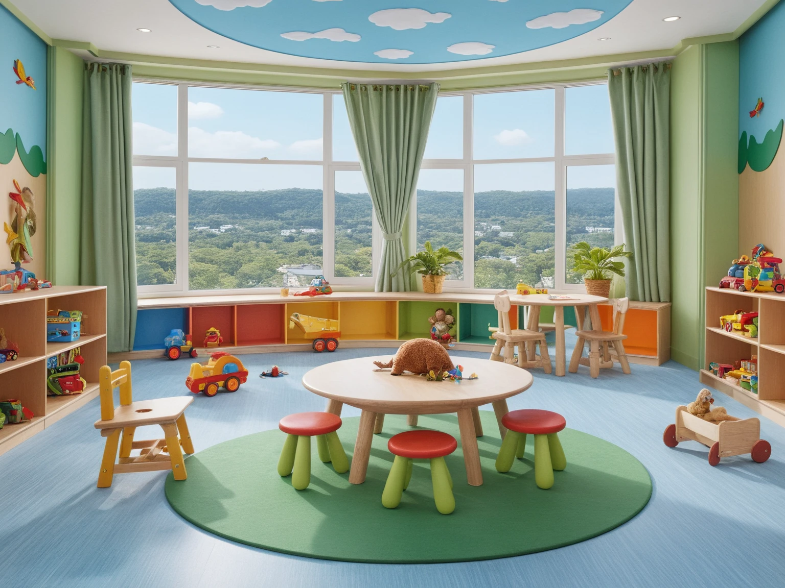 <lora:JJsKinderGartenInterior_XL:1>, ((KinderGarten)) , ((best quality)),((masterpiece)),((realistic)), indoors, no human, bird,scenery, authentic, indoor scenery,  toy,table,stuffed animal,  highly detailed ,toys,plant, curtain, window, sky,day, ceiling light, chair, stool,book,