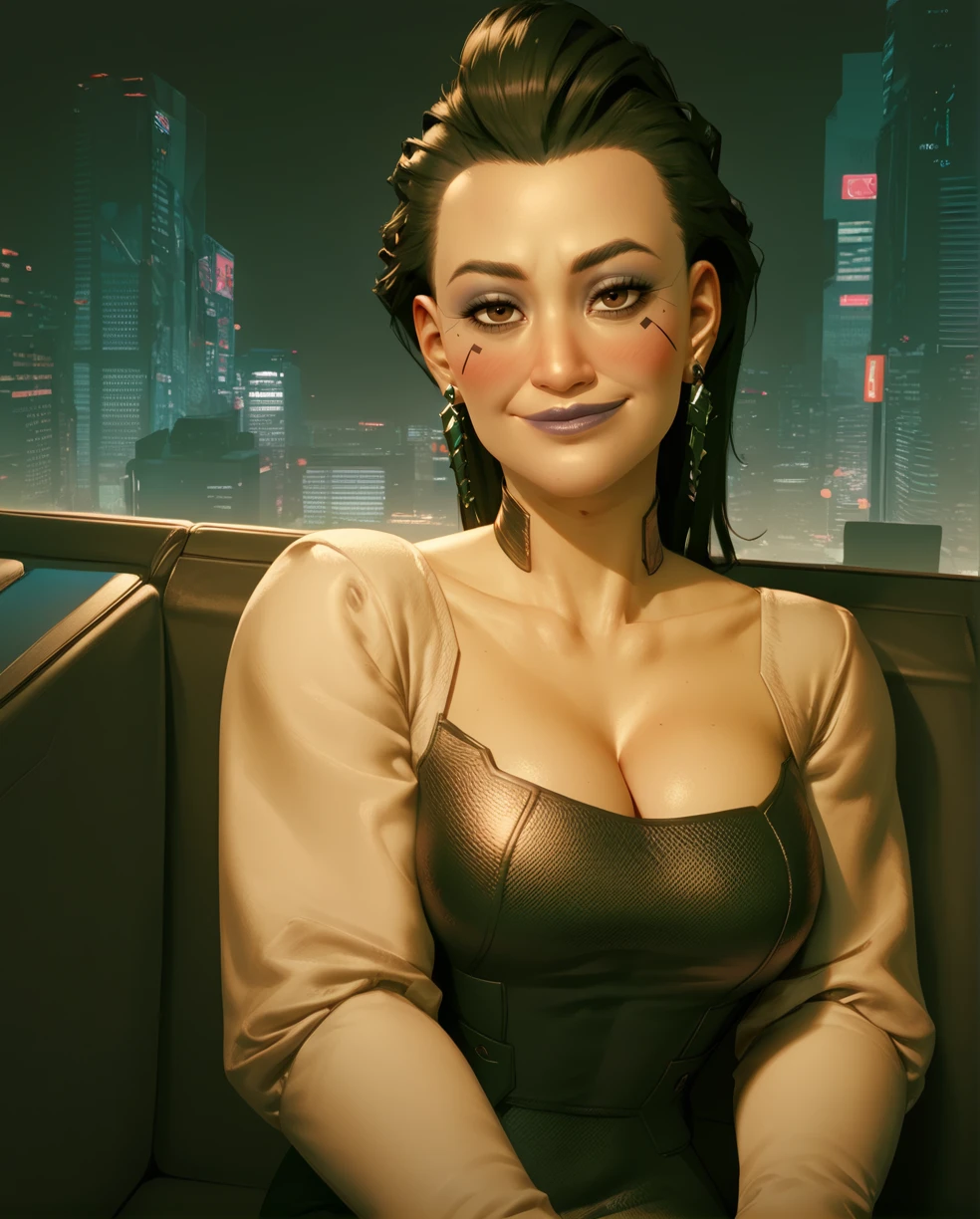 score_9,score_8_up,score_7_up,
elizabeth,brown eyes,black hair,hair slicked back,makeup,
earrings,long sleeves,dress,cleavage,blush,breasts squeezed together,seductive smile,
looking at viewer,smile,
sitting,
fancy bar,cyberpunk,cityscape,
<lora:ElizabethPeralezcp077-10:0.8>,