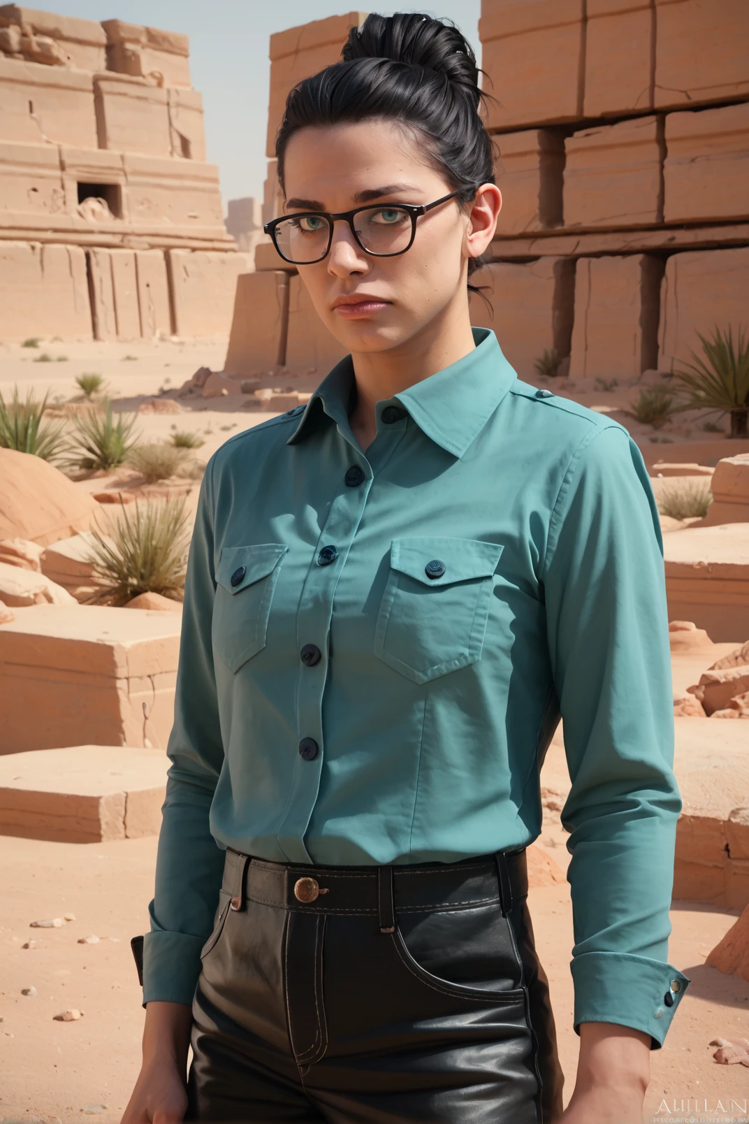 zPDXL, zPDXLpg, realistic portrait photograph of a columbian woman with black hair, updo, black rim glasses, teal button shirt, leather pants outdoors desert ruins, broken columns and arches