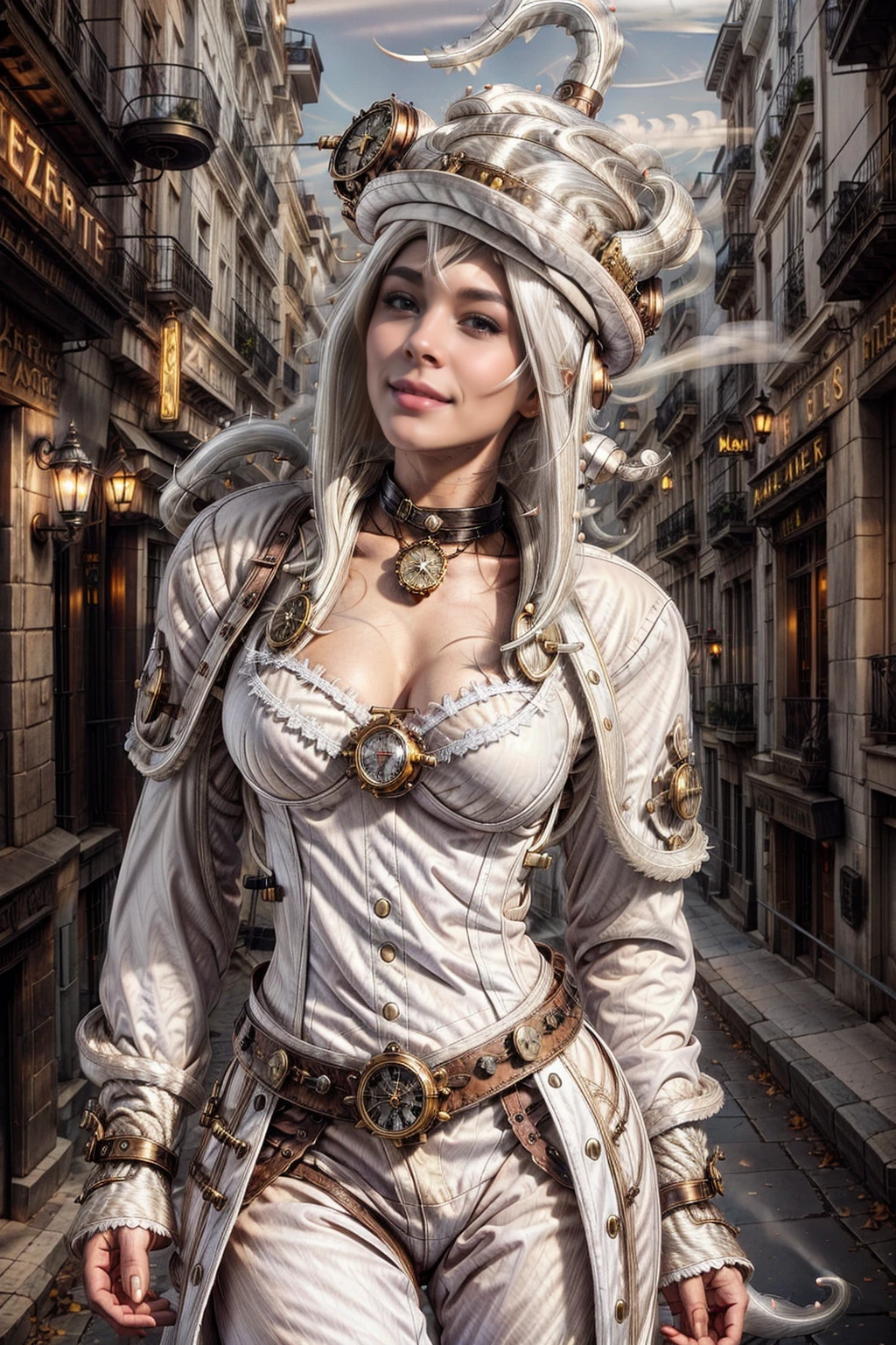<lora:WhiteSmokeWorld:1> WhiteSmokeWorld (1woman (white hair:1.5):1.2) (bra and jean:1.1) near a bar in parís (cool steampunk hat:1.4)