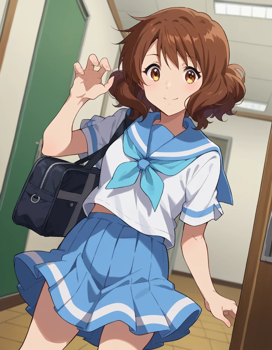 score_9, score_8_up, score_7_up, source_anime,
kumikooumae, <lora:kumiko-oumae-ponyxl-lora-nochekaiser:1>,
kumiko oumae, brown eyes, brown hair, short hair, wavy hair, smile,
skirt, shirt, school uniform, white shirt, short sleeves, pleated skirt, serafuku, sailor collar, blue skirt, neckerchief, blue sailor collar, school bag, blue neckerchief, kitauji high school uniform,
indoors, classroom, hallway,
looking at viewer, cowboy shot, dutch angle, dynamic pose,